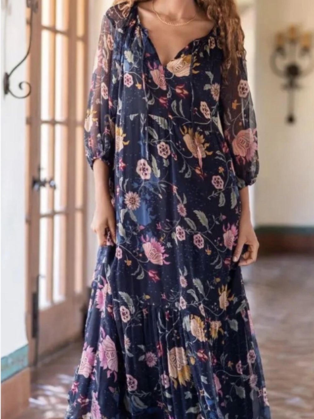 NWT Johnny Was Navy Floral Maxi silk Dress